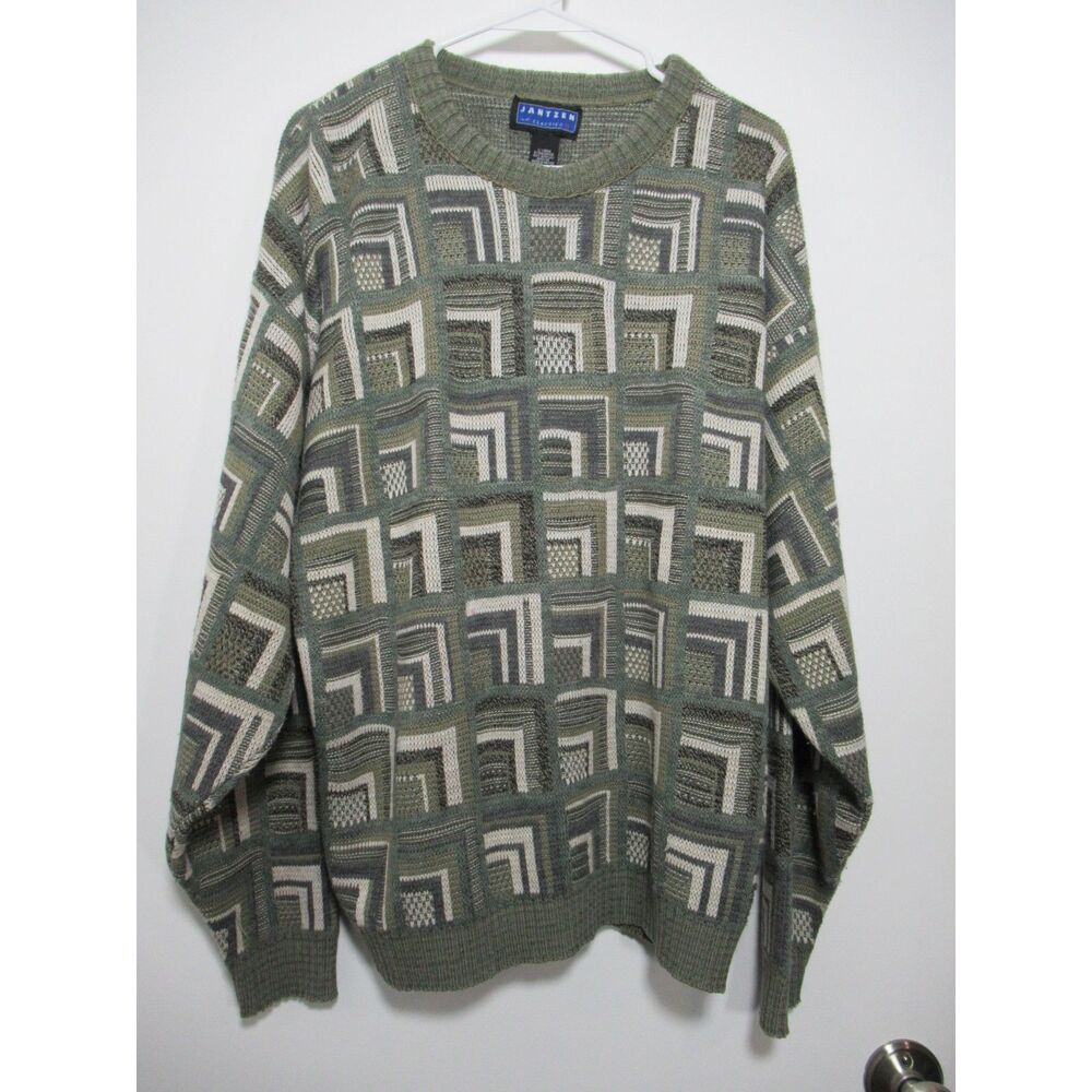 Jantzen Men's Green Geometric Patterned Crewneck Sweater Size L Vintage